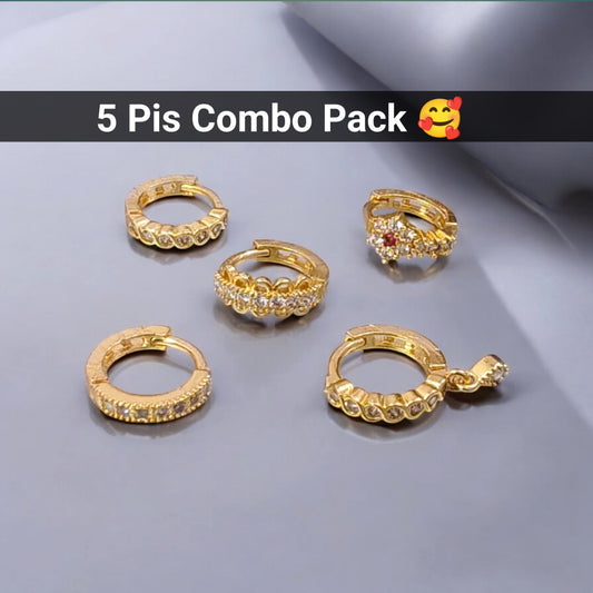 Beautiful gold plated ad piercing nose ring bali round nosepin combo for woman and girls combo pack of 5